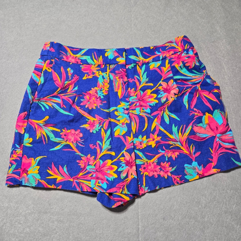 J.Crew Womens Blue Pink Floral Linen Blend‎ High Rise Shorts Size 8 Tropical